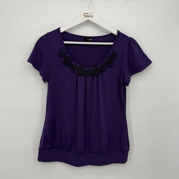 East 5th Dark Purple Rosette Blouse Top Short Sleeve Size Small - Picture 1 of 6
